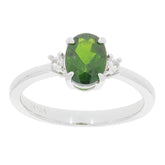 Oval green chrome diopside ring in sterling silver with moissanite accents, showcasing luxury and elegance.